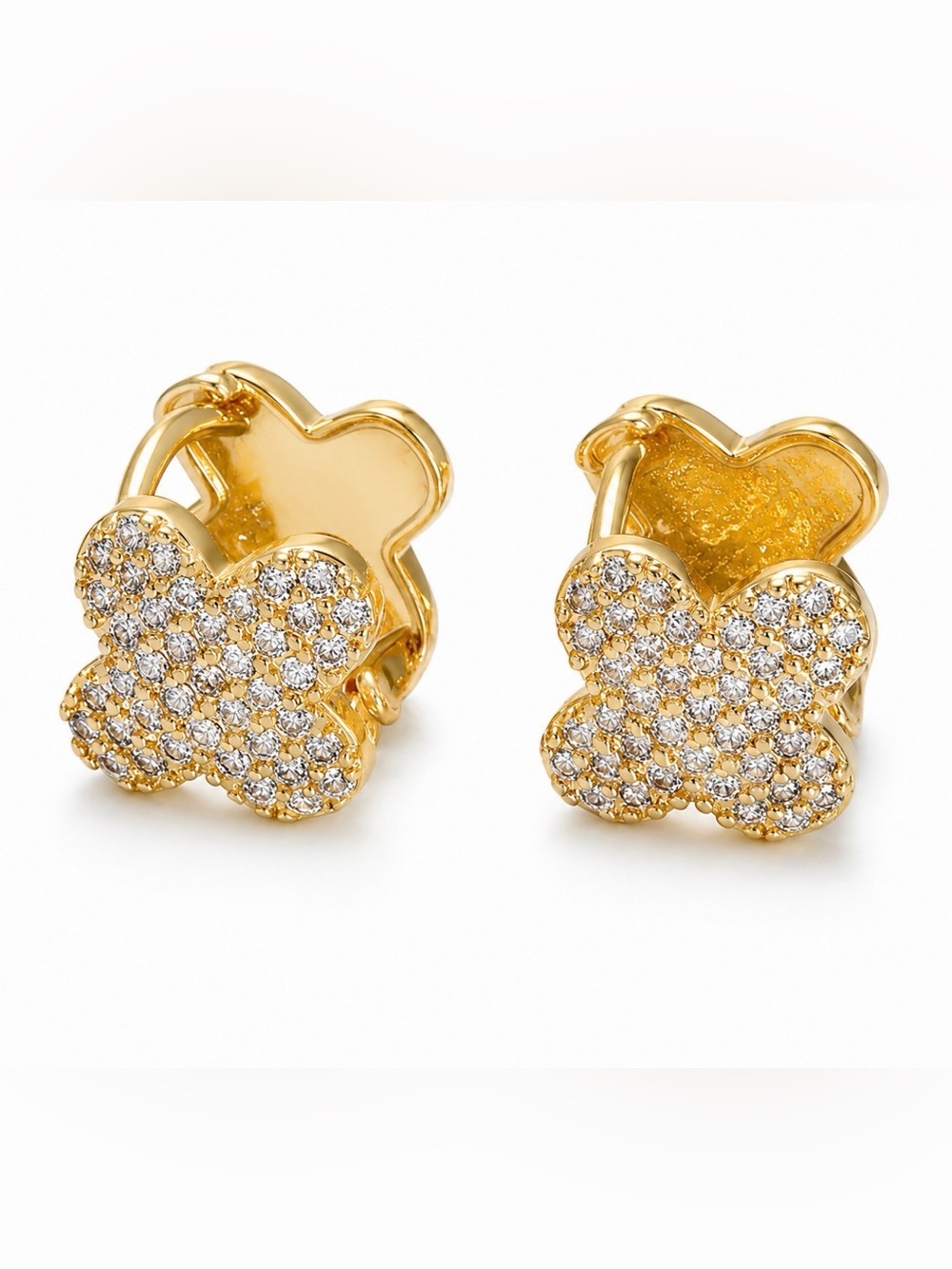 Gold Micro Pave CZ Quatrefoil Flower Huggies ( 5562)